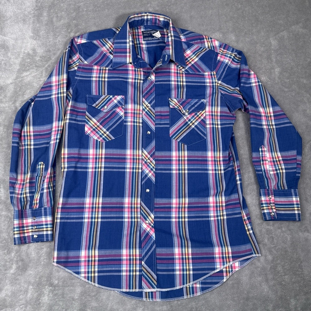 Vintage Wrangler Shirt Men M Western Pearl Snap USA 80s X-Long Tails Cowboy Cut